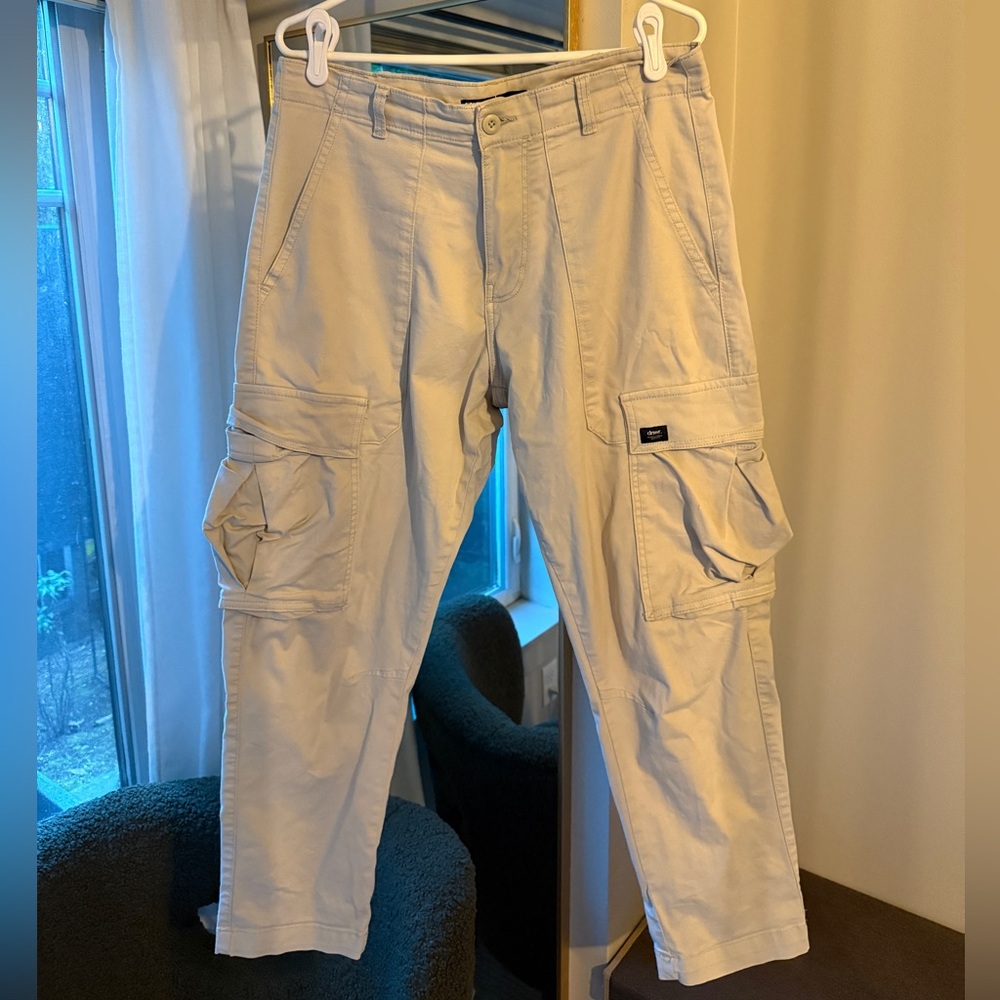 Tan cotton cargo pants with adjustable waist